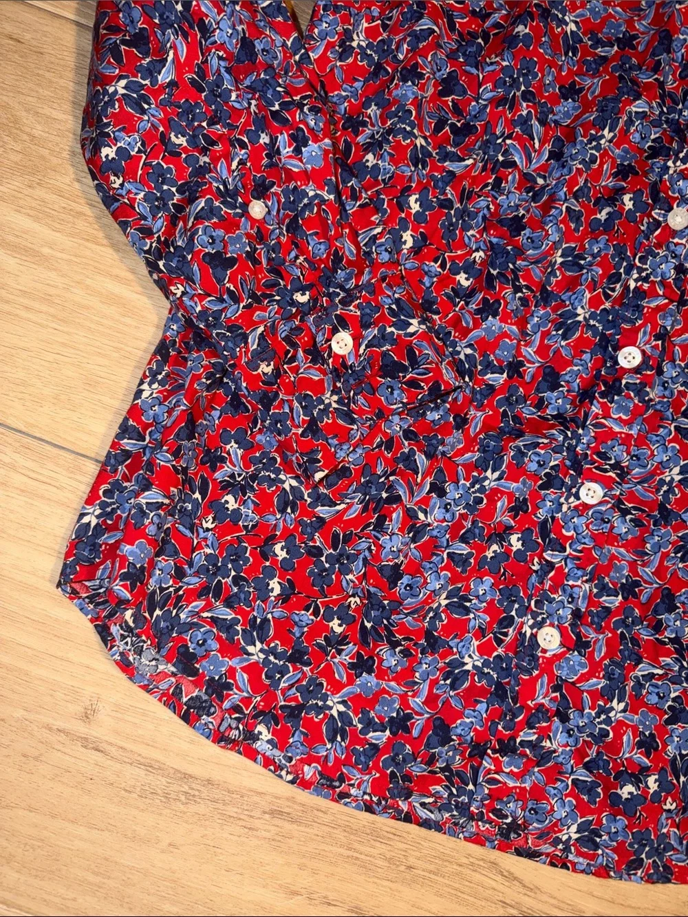 J. Crew Liberty Art floral shirt features a red and blue botanical print medium